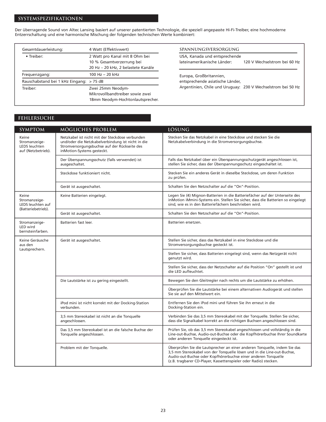 Altec Lansing iMmini manual Systemspezifikationen, Fehlersuche Symptom Mögliches Problem Lösung, Spannungsversorgung 