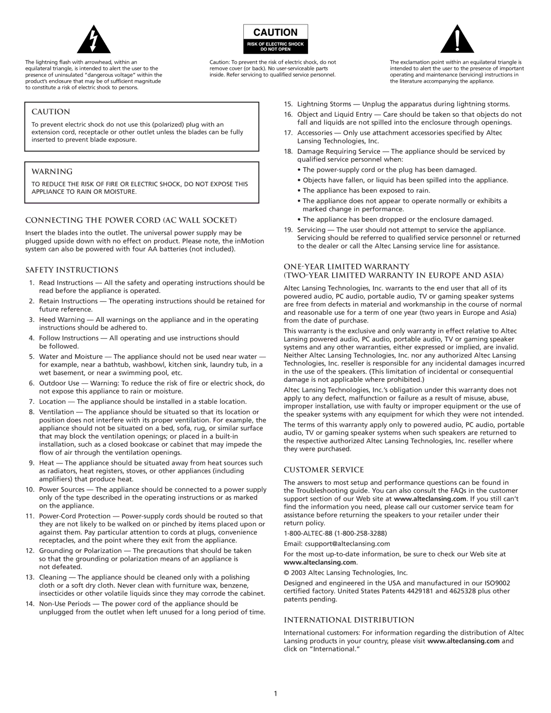 Altec Lansing iMmini manual Connecting the Power Cord AC Wall Socket, Safety Instructions, Customer Service 