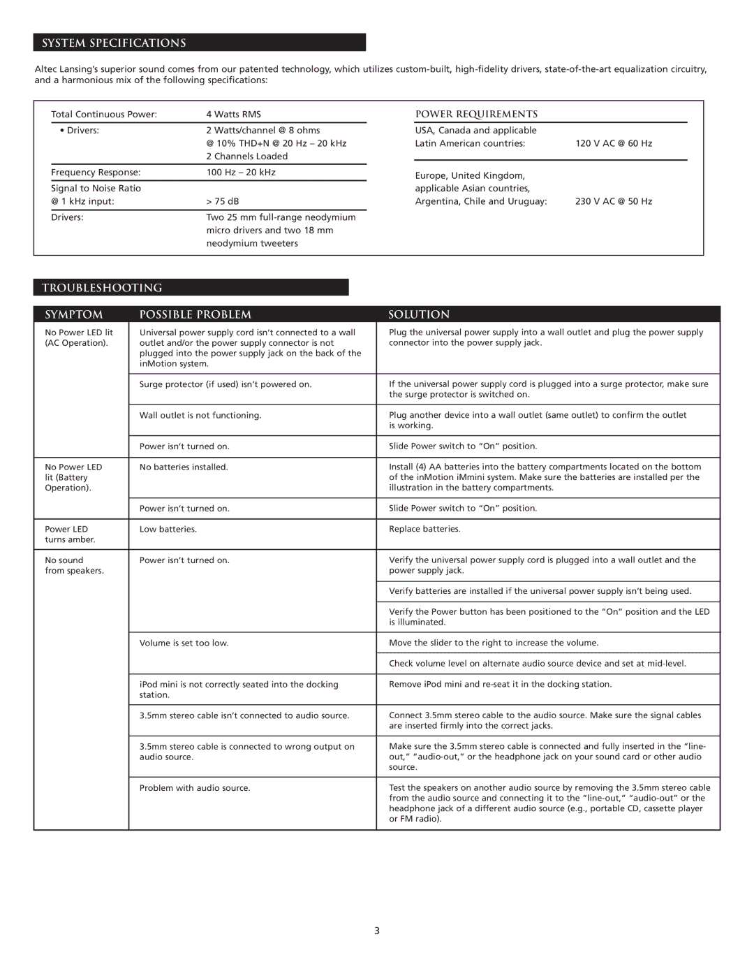 Altec Lansing iMmini manual System Specifications, Troubleshooting Symptom Possible Problem Solution, Power Requirements 