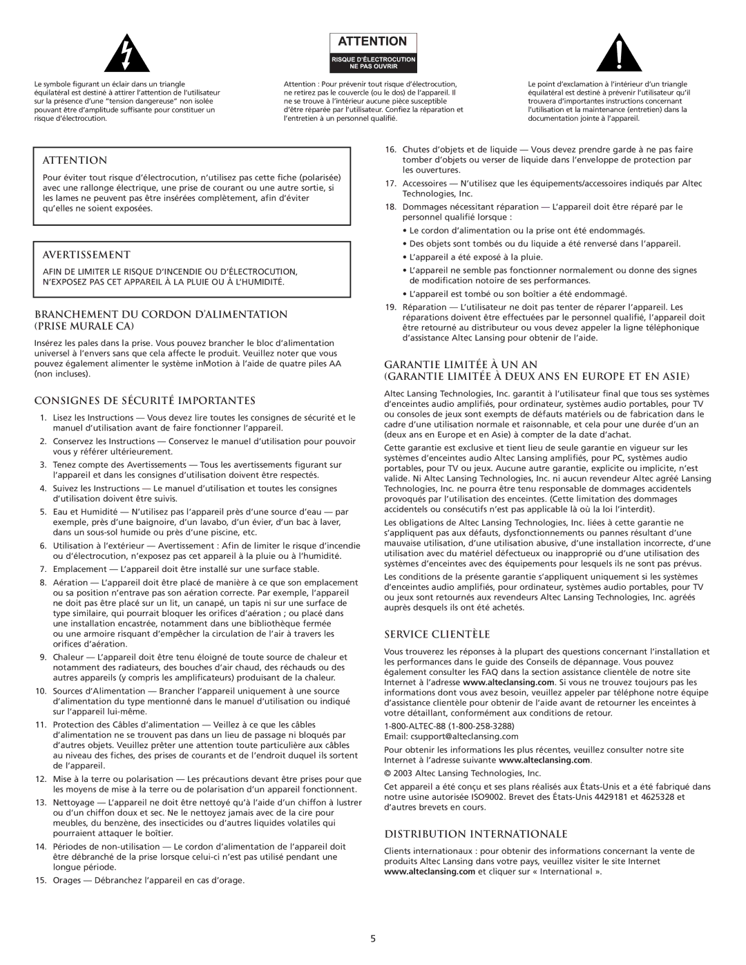 Altec Lansing iMmini manual Avertissement, Branchement DU Cordon D’ALIMENTATION Prise Murale CA, Service Clientèle 