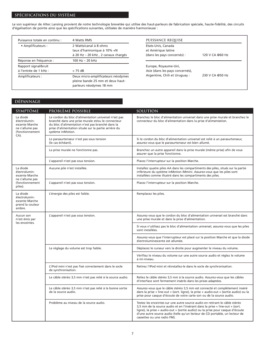 Altec Lansing iMmini manual Spécifications DU Système, Dépannage Symptôme Problème Possible Solution, Puissance Requise 