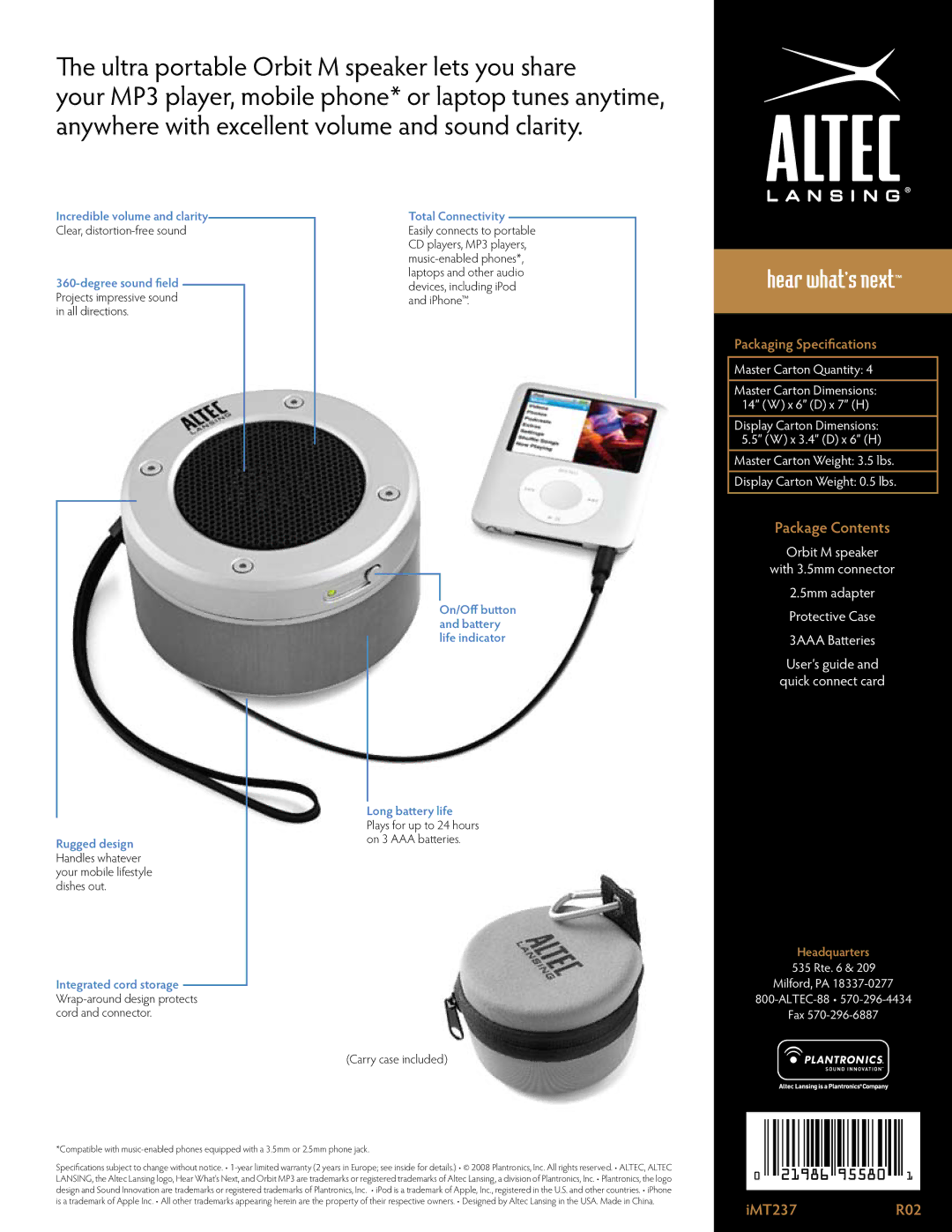 Altec Lansing iMT237 manual Ultra portable Orbit M speaker lets you share, Package Contents, IMT237R02 