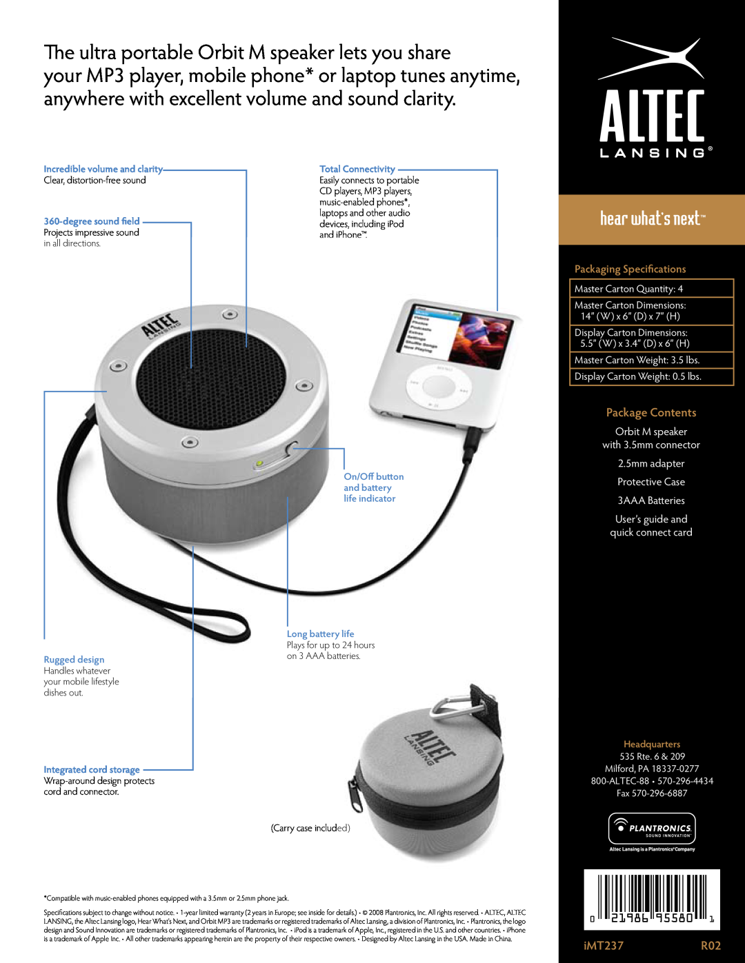 Altec Lansing The ultra portable Orbit M speaker lets you share, Package Contents, iMT237R02, Packaging Specifications 