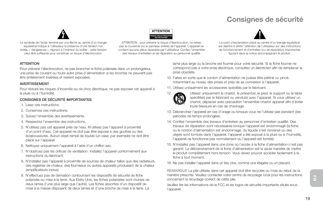 Altec Lansing IMT520 manual Avertissement, Consignes DE Sécurité Importantes 