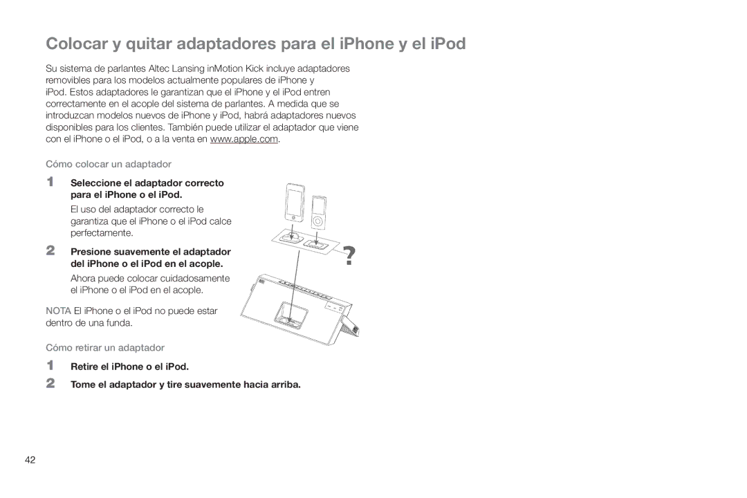 Altec Lansing IMT520 manual Colocar y quitar adaptadores para el iPhone y el iPod, Cómo colocar un adaptador 