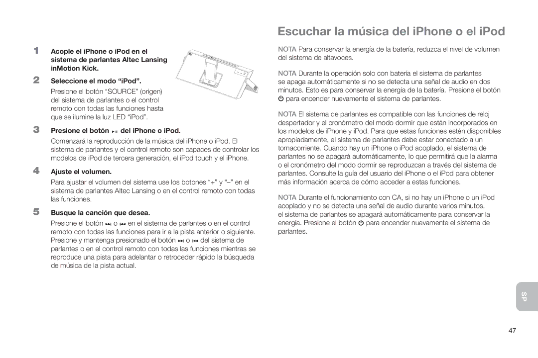 Altec Lansing IMT520 manual Escuchar la música del iPhone o el iPod, Presione el botón del iPhone o iPod, Ajuste el volumen 