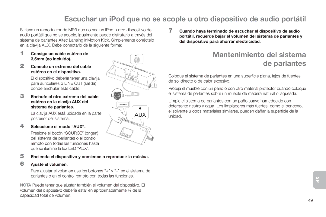 Altec Lansing IMT520 manual Mantenimiento del sistema de parlantes, Seleccione el modo AUX 