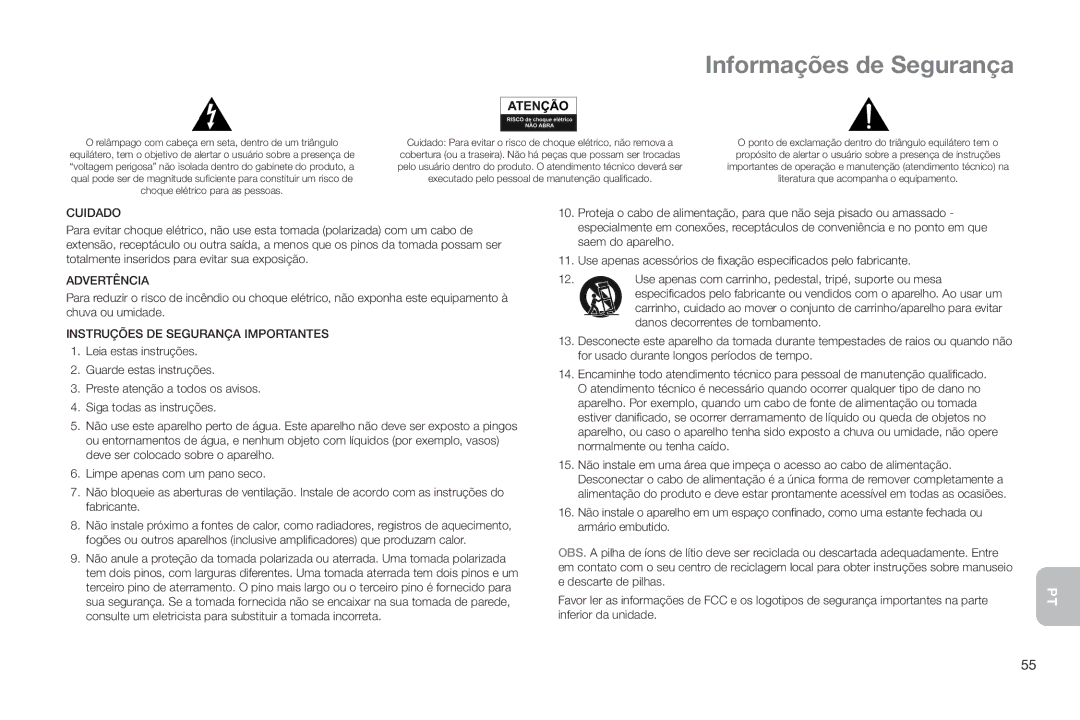 Altec Lansing IMT520 manual Informações de Segurança, Cuidado, Advertência, Instruções DE Segurança Importantes 