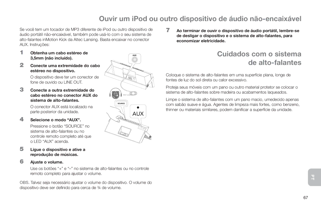 Altec Lansing IMT520 Ouvir um iPod ou outro dispositivo de áudio não-encaixável, Cuidados com o sistema de alto-falantes 