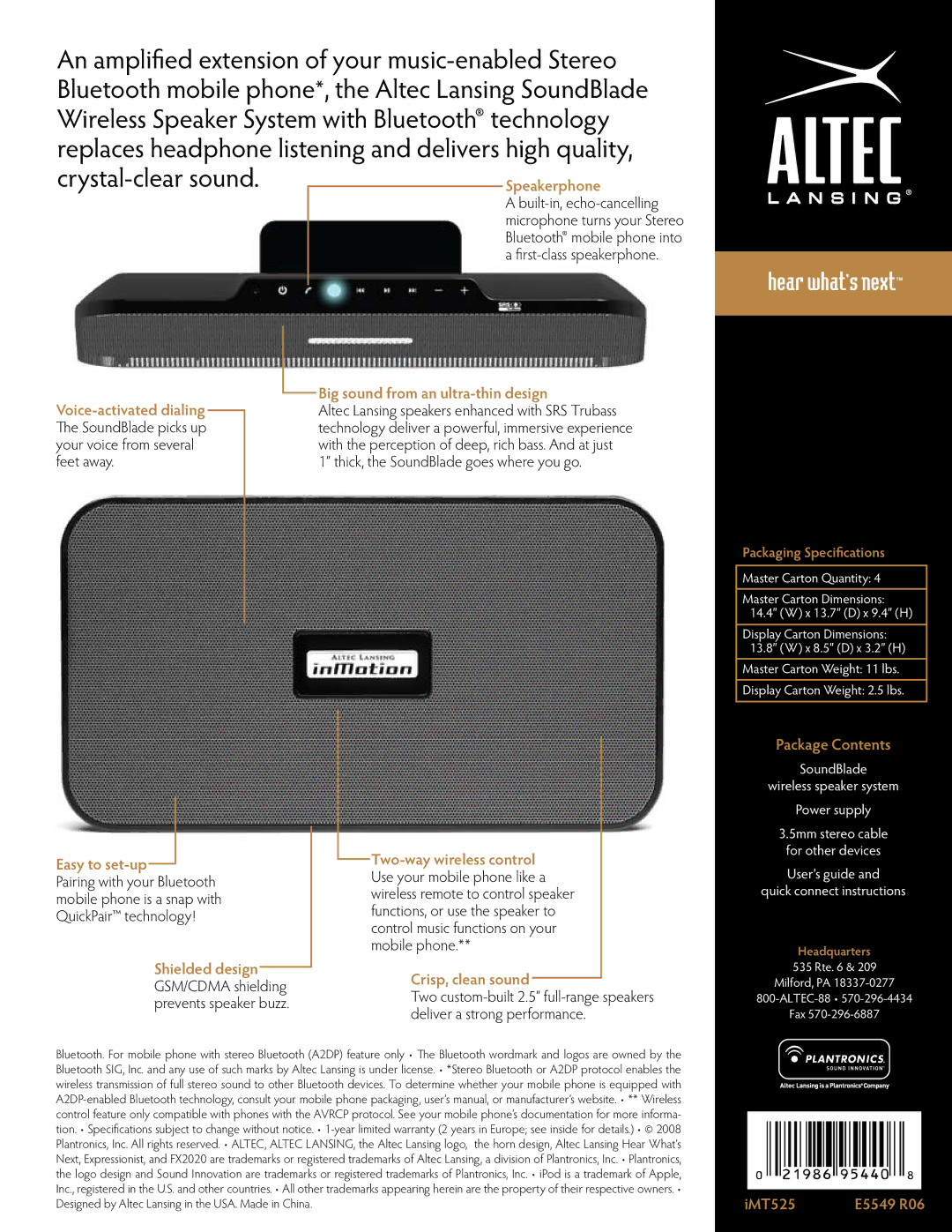 Altec Lansing iMT525 Big sound from an ultra-thin design, Package Contents, Easy to set-up, Crisp, clean sound, IMT525 