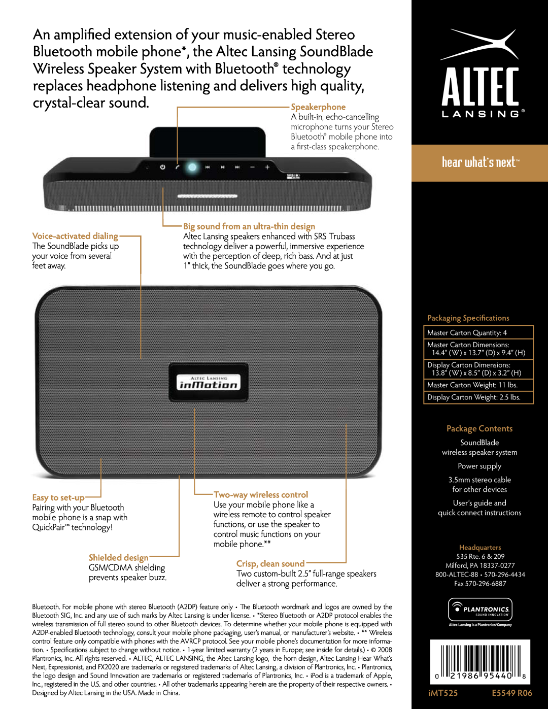 Altec Lansing iMT525 manual Big sound from an ultra-thindesign, The SoundBlade picks up, your voice from several, feet away 