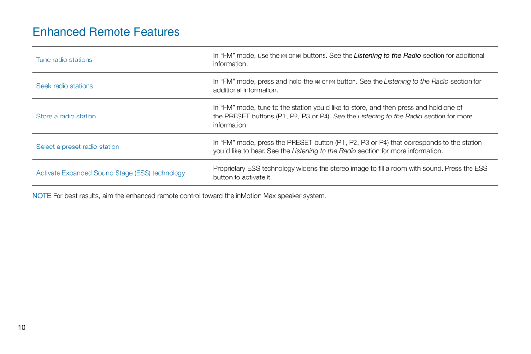 Altec Lansing iMT702 manual Seek radio stations, Store a radio station, Select a preset radio station 