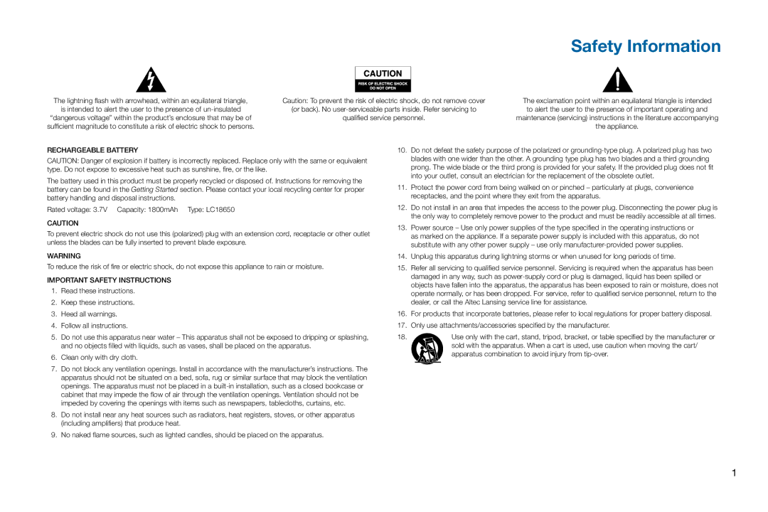 Altec Lansing iMT702 manual Safety Information, Important Safety Instructions 