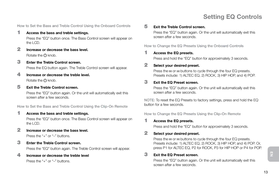 Altec Lansing IMT800 manual Setting EQ Controls, Access the bass and treble settings, Access the EQ presets 