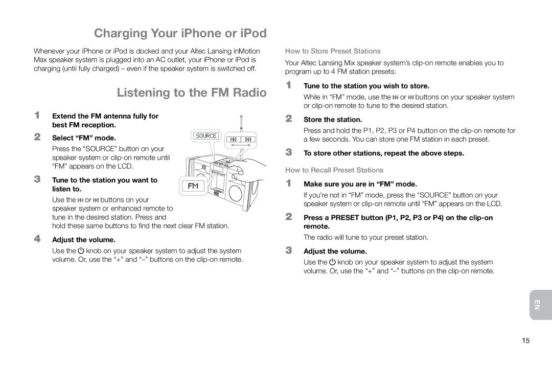 Altec Lansing IMT800 manual Charging Your iPhone or iPod, Listening to the FM Radio 