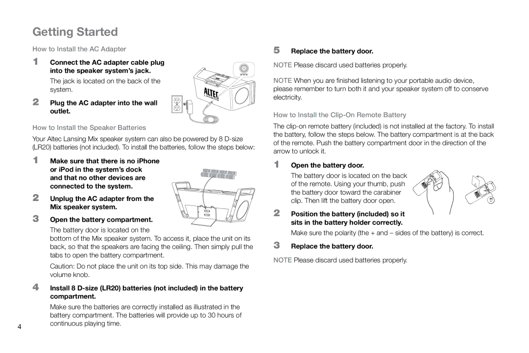 Altec Lansing IMT800 manual Getting Started, Plug the AC adapter into the wall outlet, Replace the battery door 