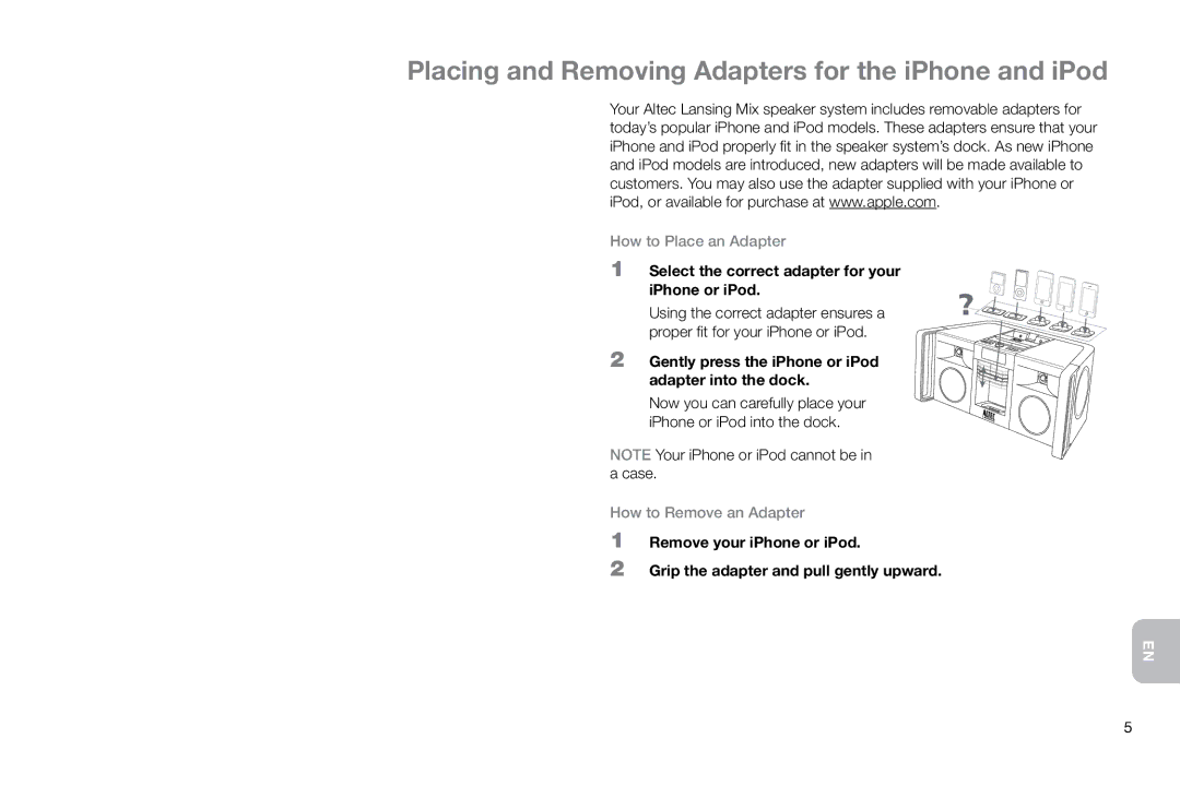 Altec Lansing IMT800 manual Placing and Removing Adapters for the iPhone and iPod, How to Place an Adapter 