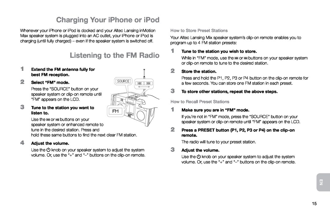 Altec Lansing IMT800 manual Charging Your iPhone or iPod, Listening to the FM Radio 