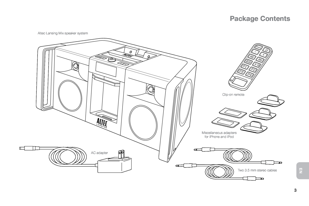 Altec Lansing IMT800 manual Package Contents, Altec Lansing Mix speaker system Clip-onremote, AC adapter 