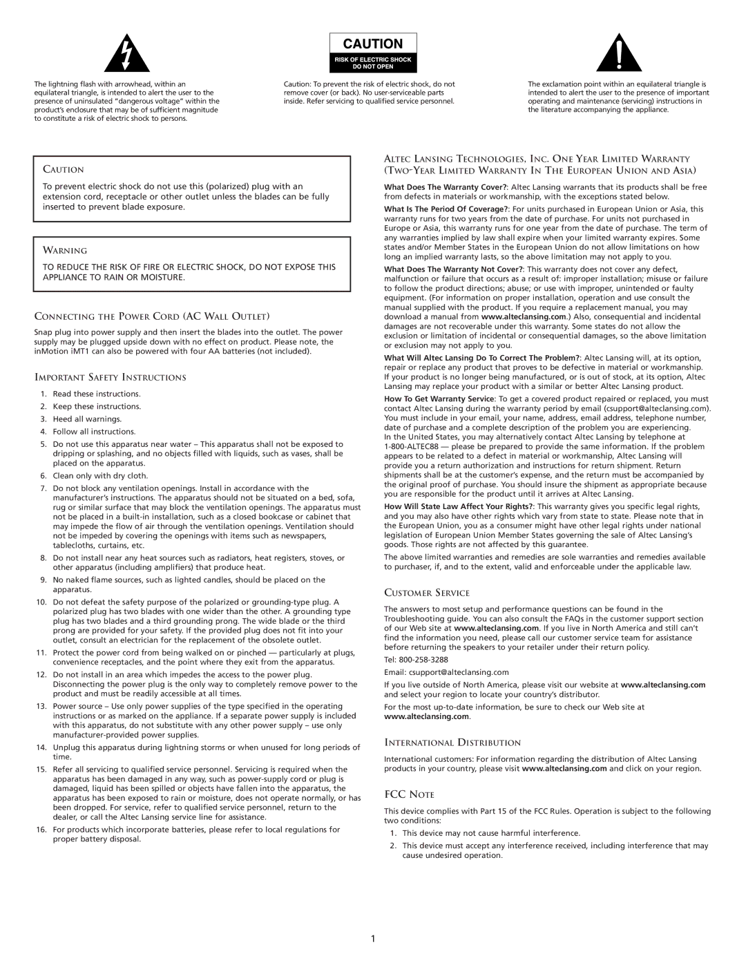 Altec Lansing INMOTION manual FCC Note 