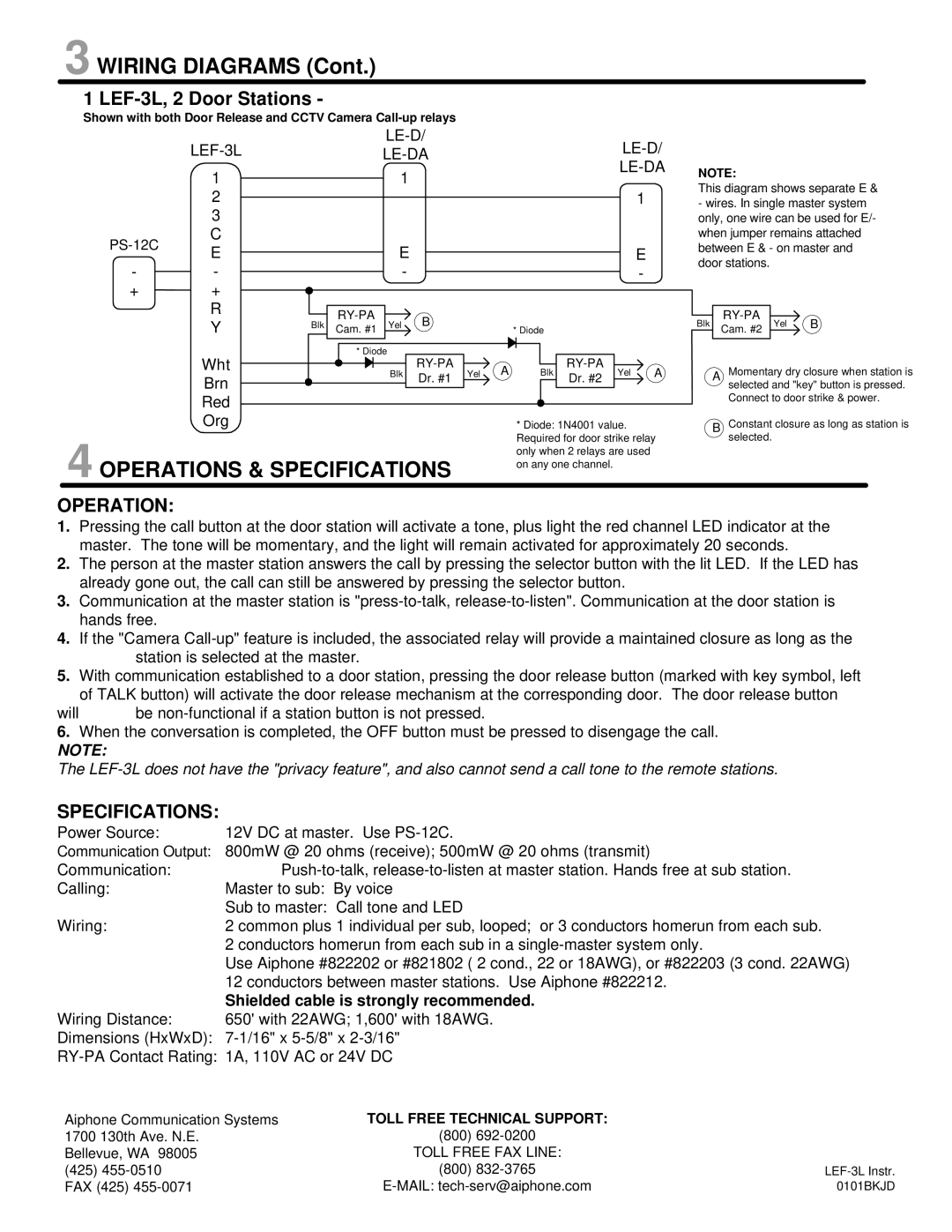 Altec Lansing LEF-3L manual Wiring Diagrams, Shielded cable is strongly recommended 