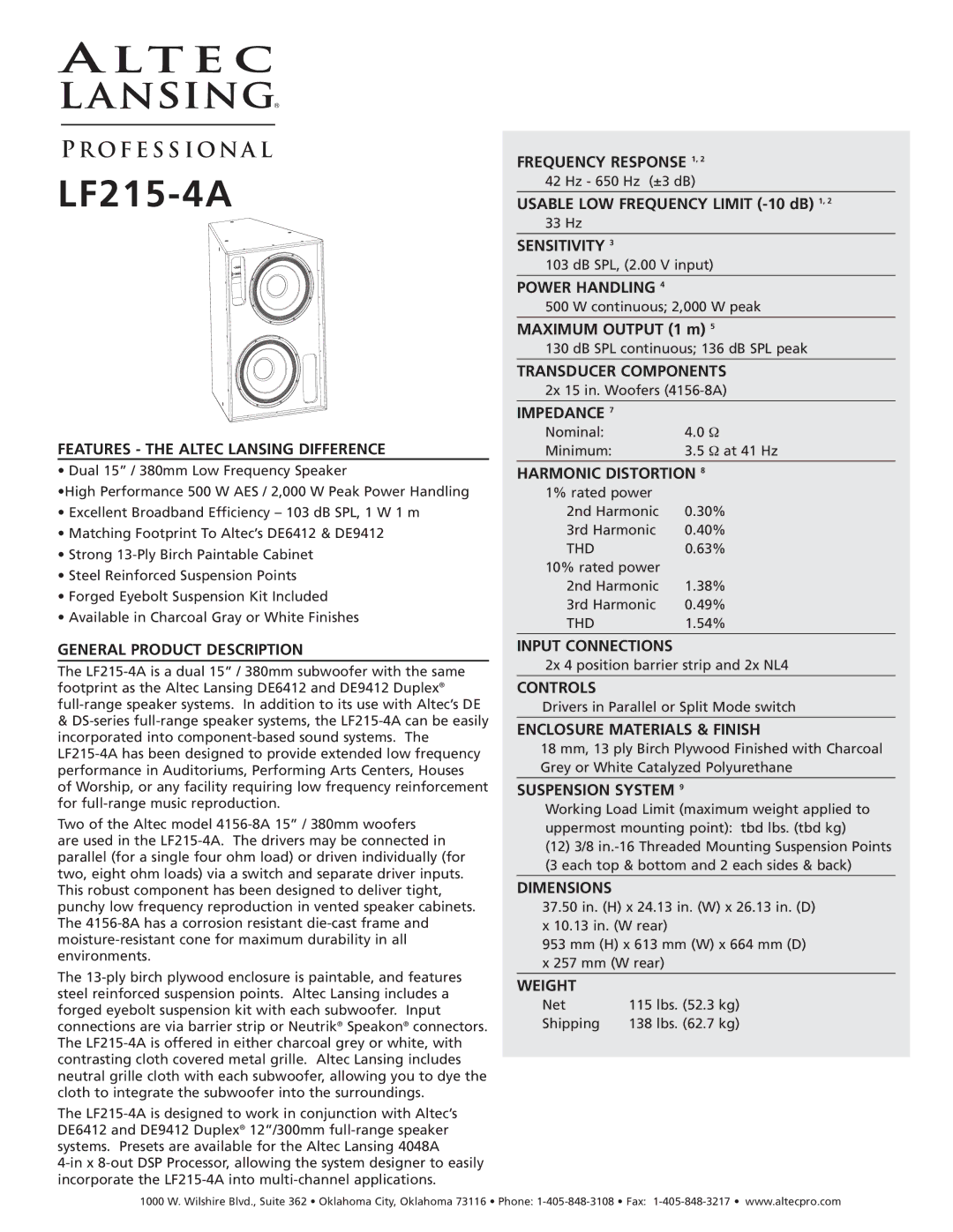 Altec Lansing LF215-4A dimensions Features the Altec Lansing Difference, General Product Description, Frequency Response 1 