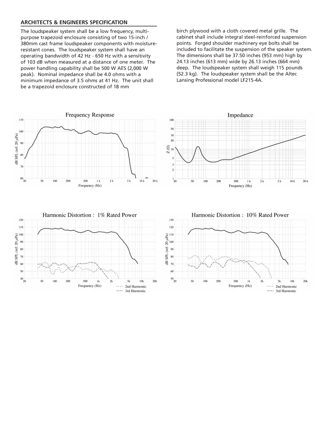Altec Lansing LF215-4A dimensions Architects & Engineers Specification 