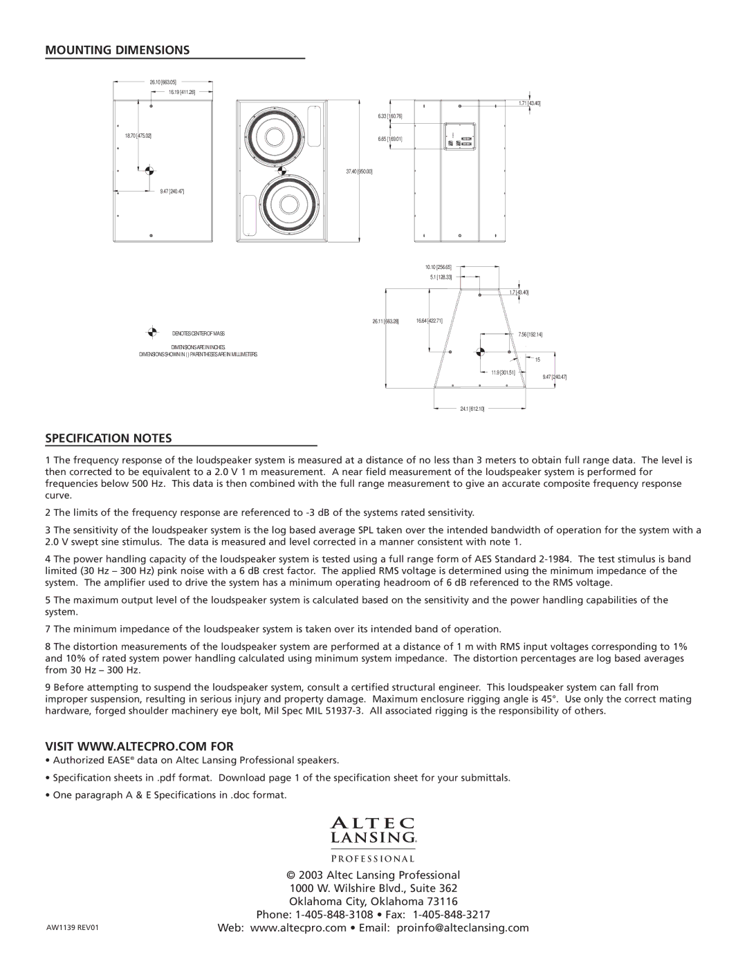 Altec Lansing LF215-4A dimensions Mounting Dimensions, Specification Notes 