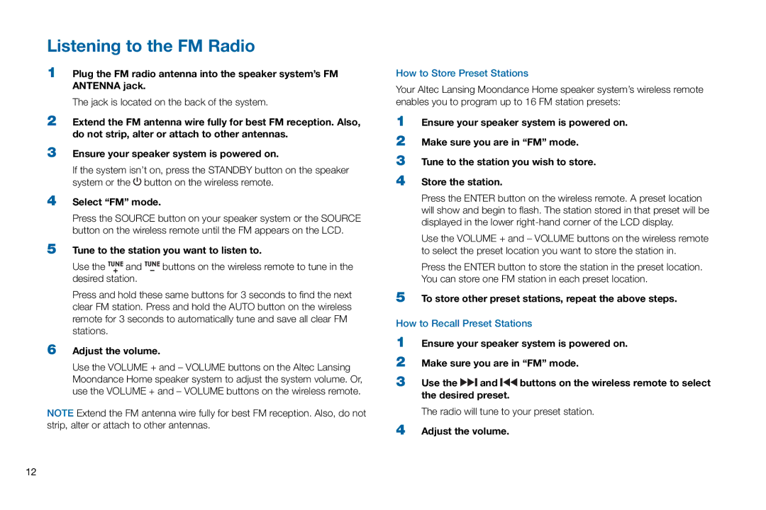 Altec Lansing M302 manual Listening to the FM Radio, Select FM mode, Tune to the station you want to listen to 