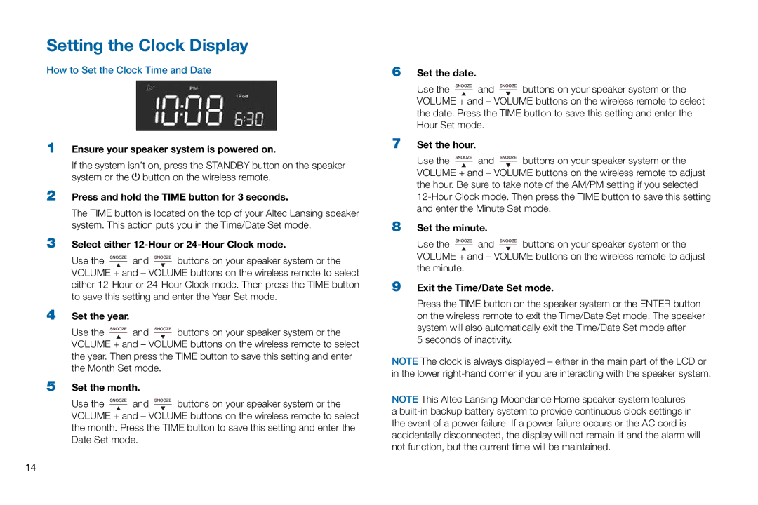 Altec Lansing M302 manual Setting the Clock Display 