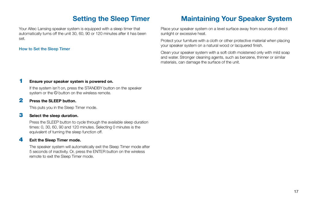 Altec Lansing M302 manual Setting the Sleep Timer, Maintaining Your Speaker System, Press the Sleep button 