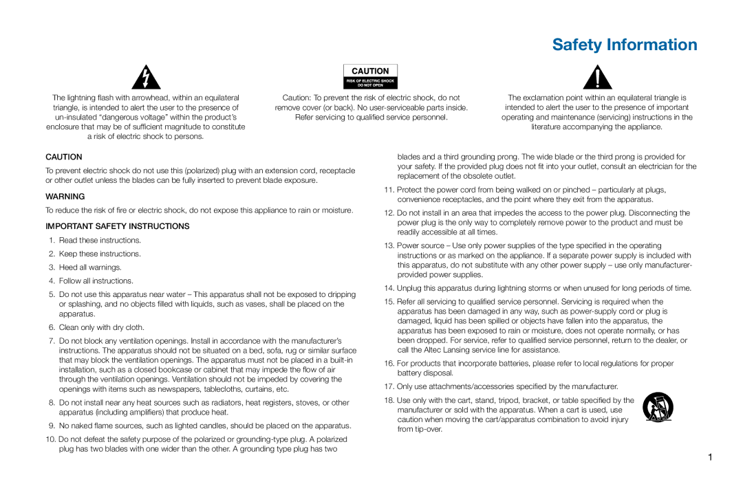 Altec Lansing M302 manual Safety Information, Intended to alert the user to the presence of important 