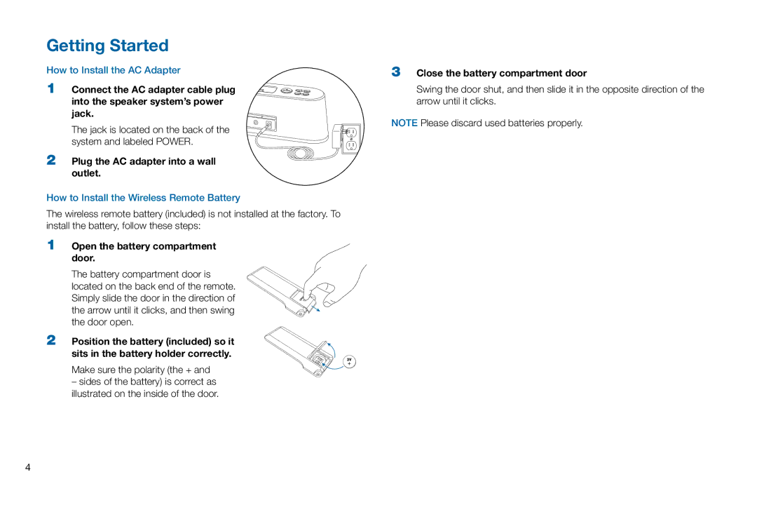 Altec Lansing M302 manual Getting Started, Plug the AC adapter into a wall outlet, Open the battery compartment door 