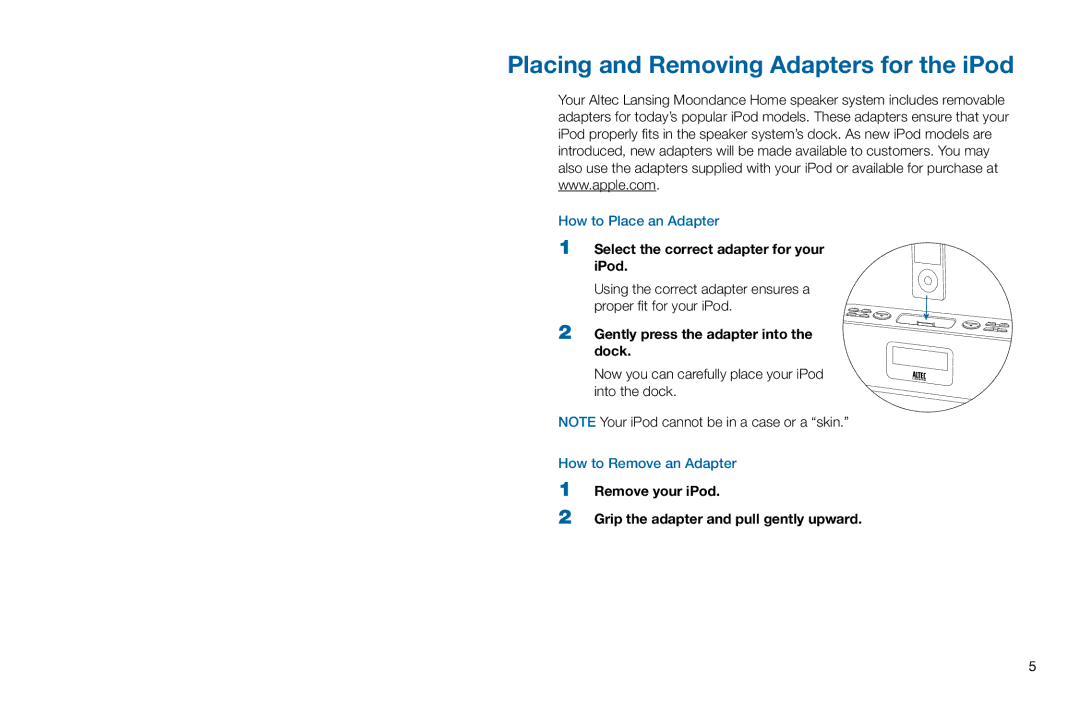 Altec Lansing M302 manual Placing and Removing Adapters for the iPod, Select the correct adapter for your iPod 