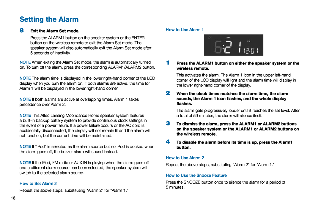 Altec Lansing M302 manual Setting the Alarm, 8Exit the Alarm Set mode 