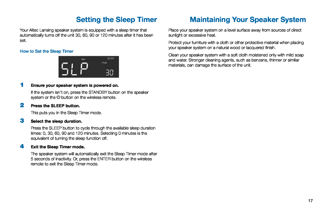 Altec Lansing M302 Setting the Sleep Timer, Maintaining Your Speaker System, 1Ensure your speaker system is powered on 