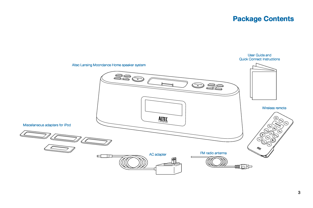 Altec Lansing M302 manual Package Contents, User Guide and Quick Connect Instructions, AC adapter, FM radio antenna 