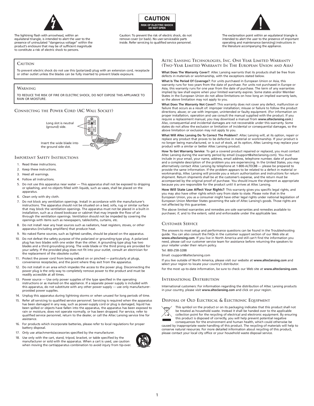 Altec Lansing M602 manual Connecting the Power Cord AC Wall Socket, Important Safety Instructions, Customer Service 