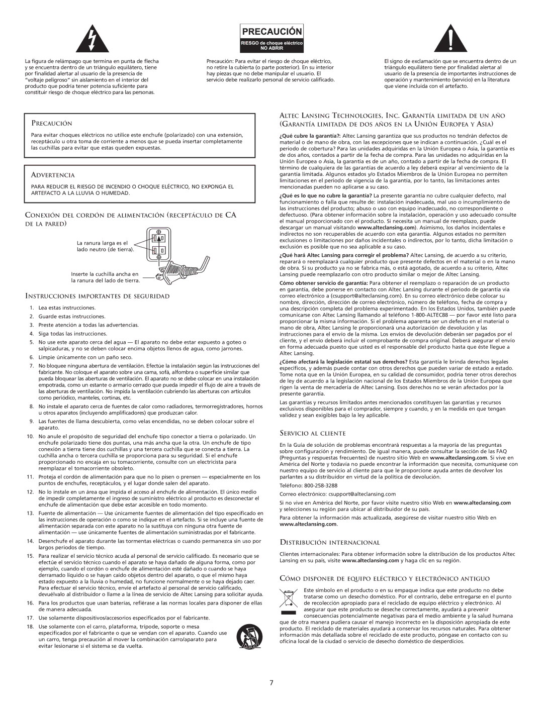 Altec Lansing M602 manual Precaución, Advertencia, Instrucciones Importantes DE Seguridad, Servicio AL Cliente 