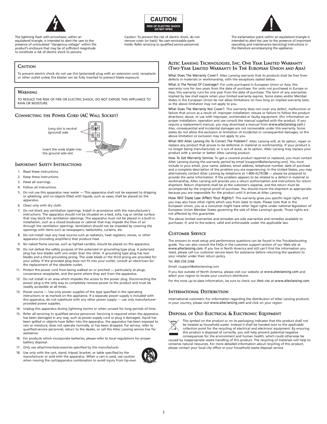 Altec Lansing M604 manual Connecting the Power Cord AC Wall Socket, Important Safety Instructions, Customer Service 