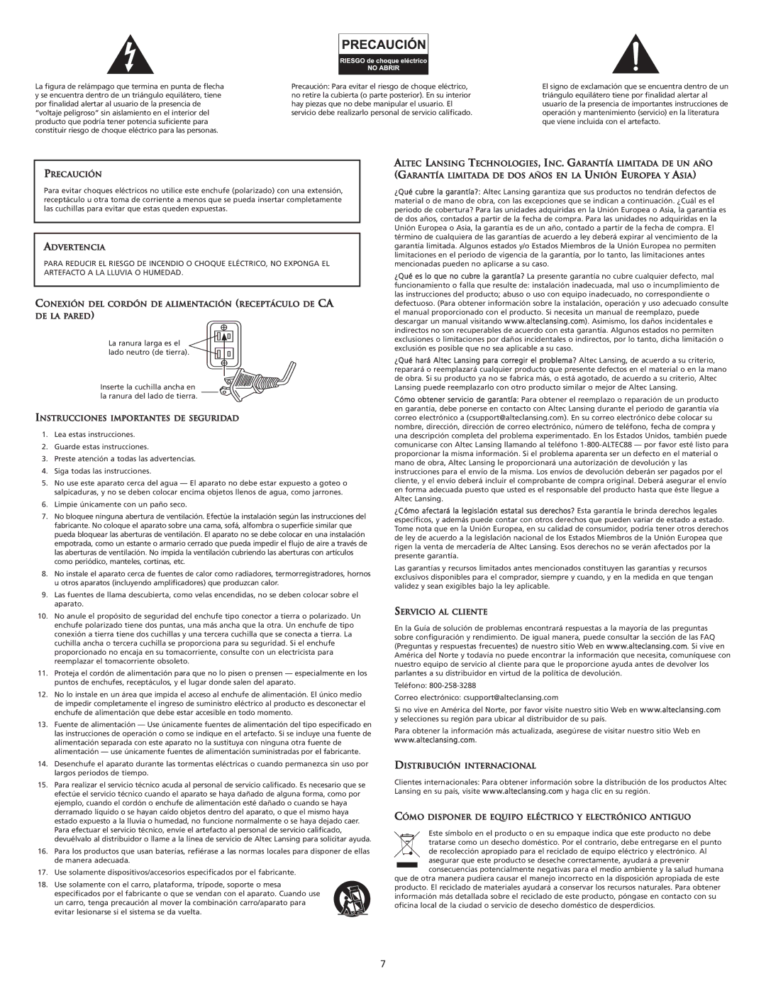 Altec Lansing M604 manual Precaución, Advertencia, Instrucciones Importantes DE Seguridad, Servicio AL Cliente 