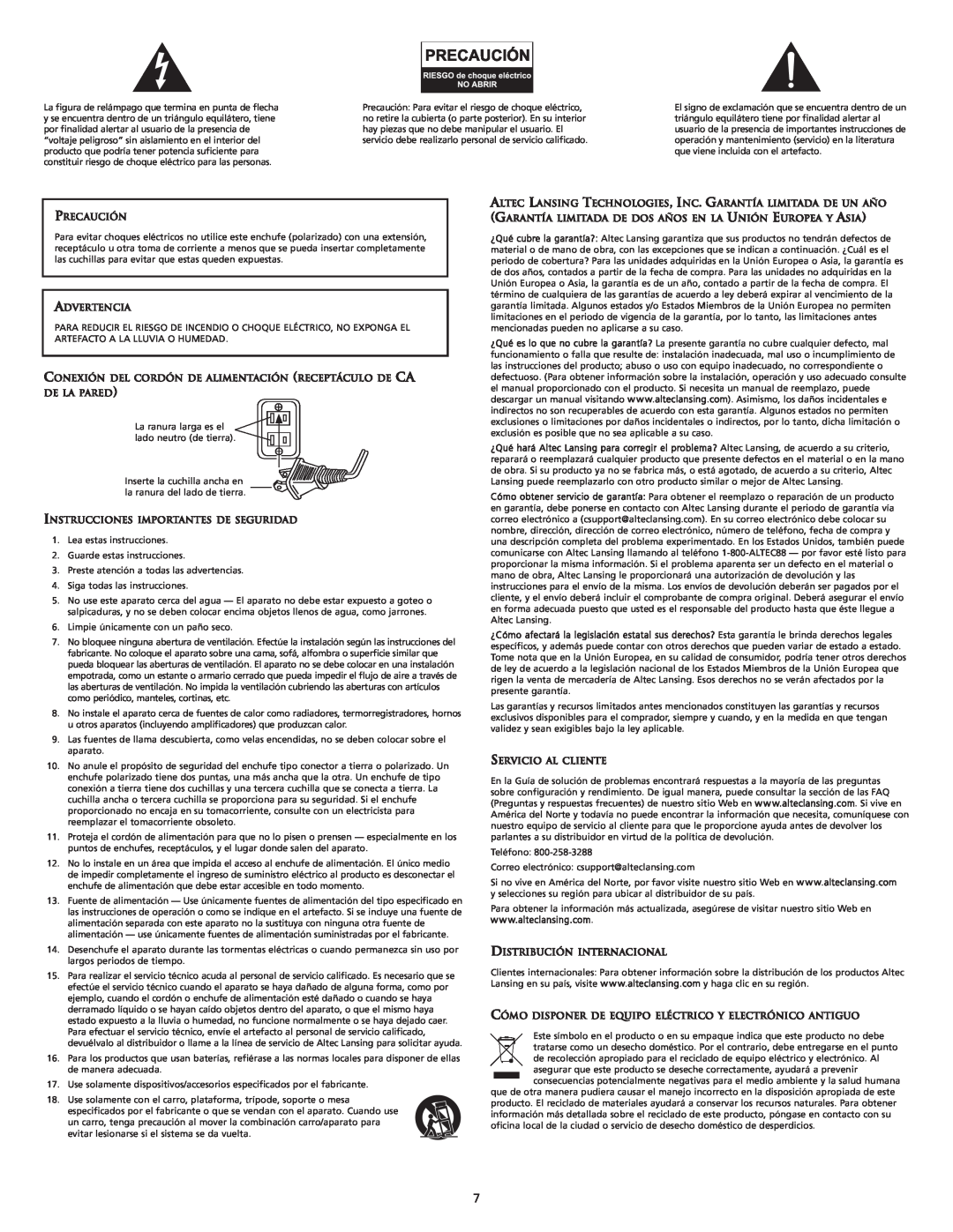 Altec Lansing M604 manual Precaución, Advertencia, Instrucciones Importantes De Seguridad, Servicio Al Cliente 