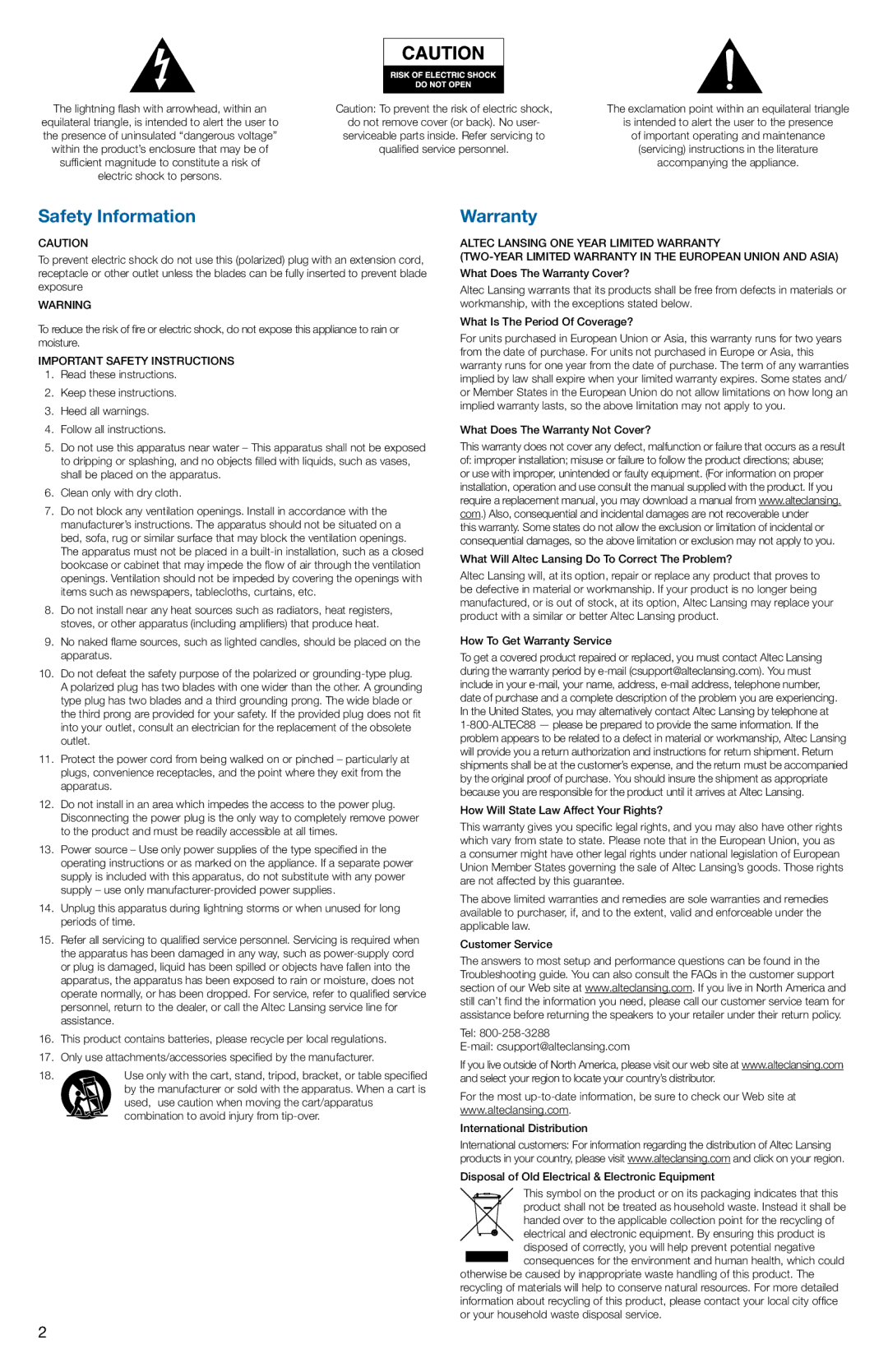 Altec Lansing M812, A11964 R07 manual Safety Information 