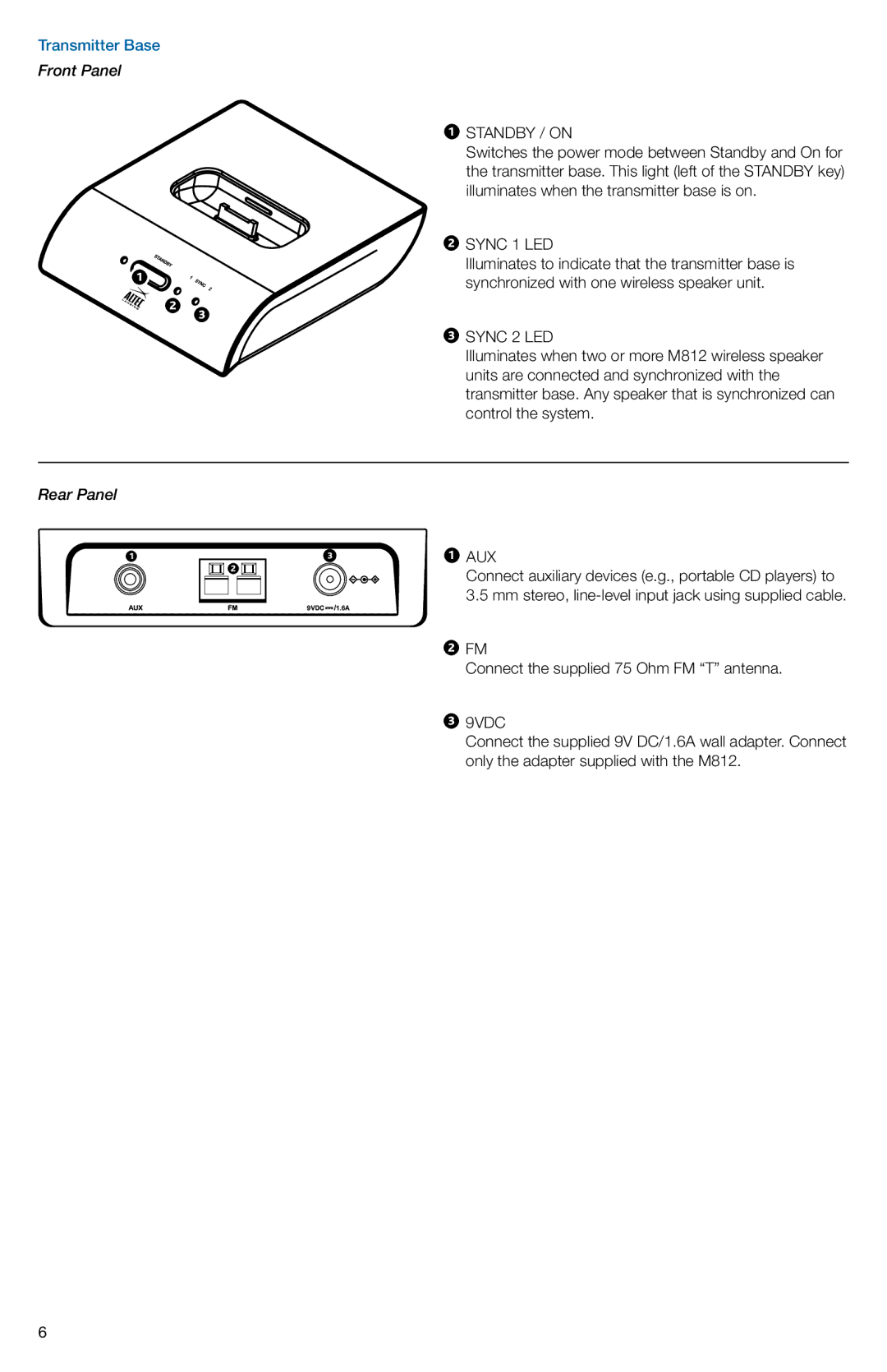 Altec Lansing M812, A11964 R07 manual Front Panel, Standby / on, Sync 1 LED, Sync 2 LED, Rear Panel 