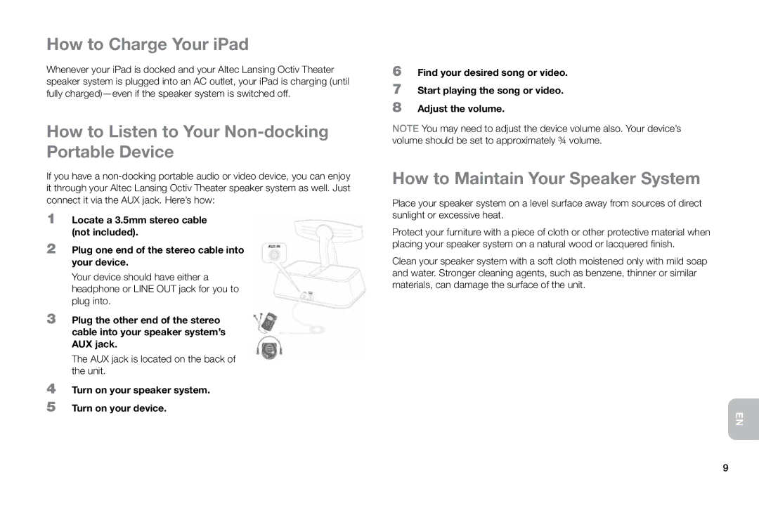 Altec Lansing MP450 manual How to Charge Your iPad, How to Listen to Your Non-docking Portable Device 