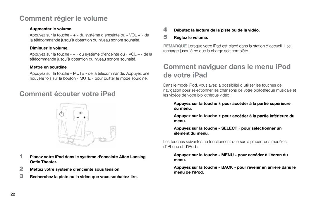 Altec Lansing MP450 Comment régler le volume, Comment écouter votre iPad, Comment naviguer dans le menu iPod de votre iPad 