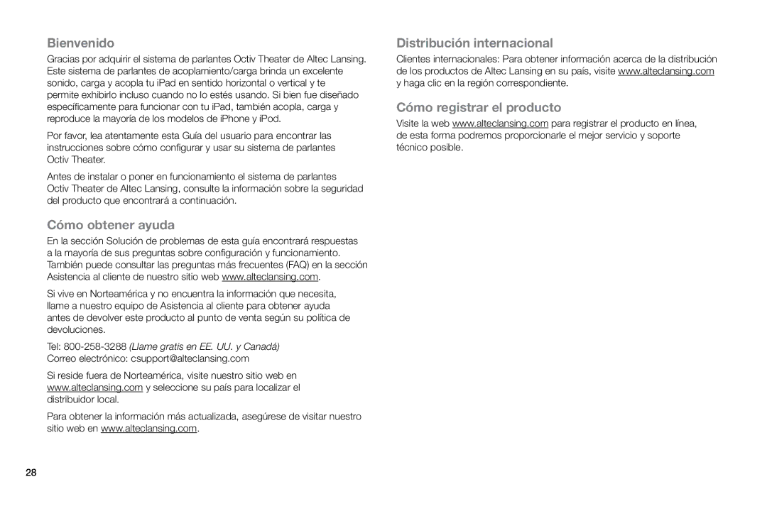 Altec Lansing MP450 manual Distribución internacional Cómo registrar el producto 