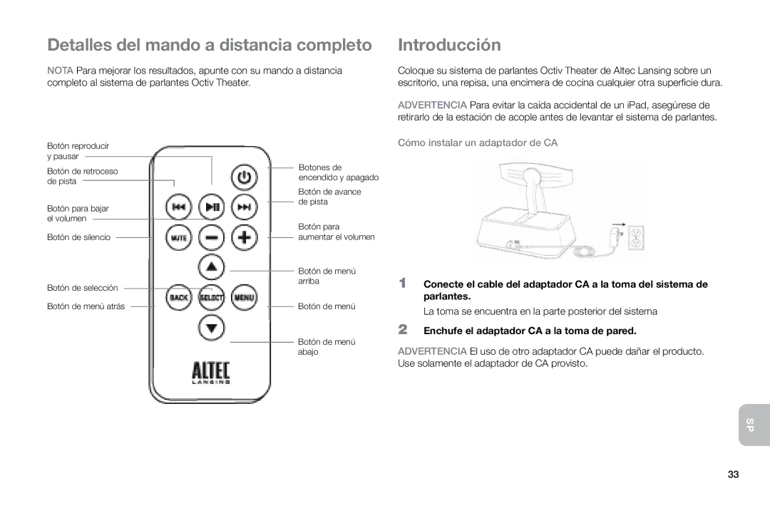 Altec Lansing MP450 manual Detalles del mando a distancia completo, Introducción, Cómo instalar un adaptador de CA 