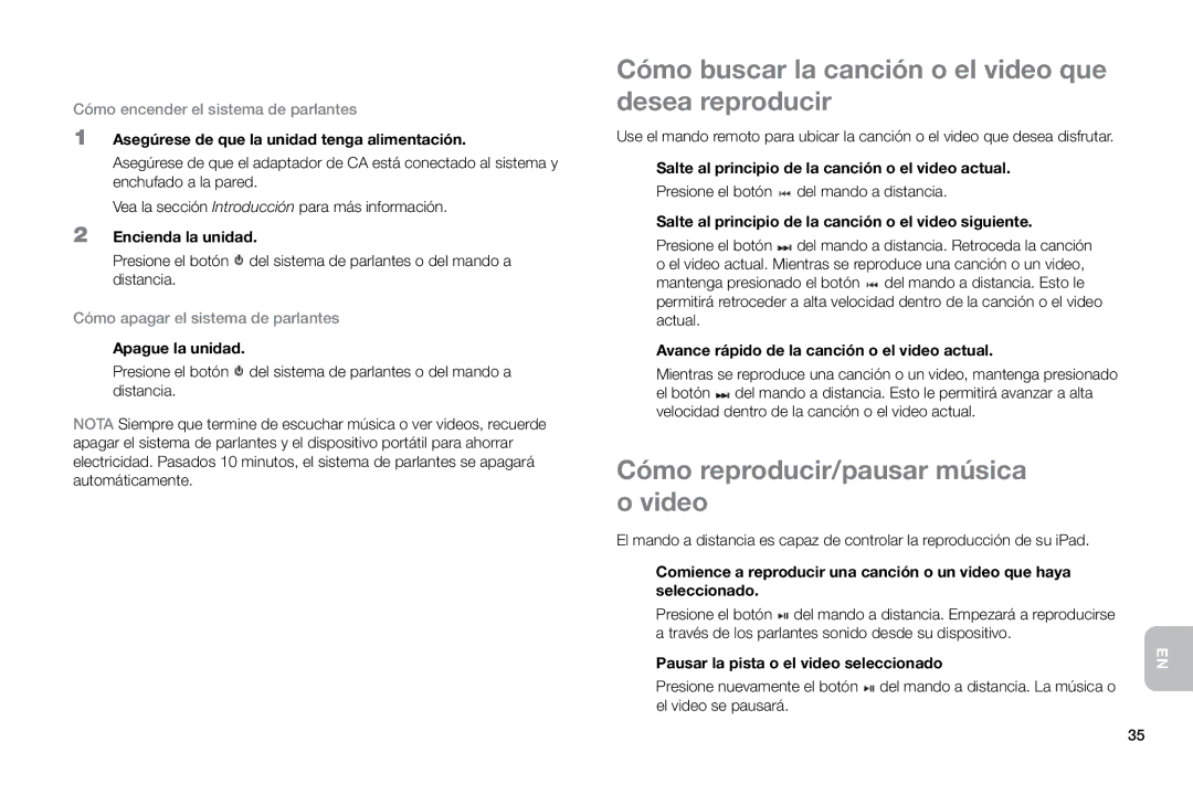 Altec Lansing MP450 manual Cómo buscar la canción o el video que desea reproducir, Cómo reproducir/pausar música o video 