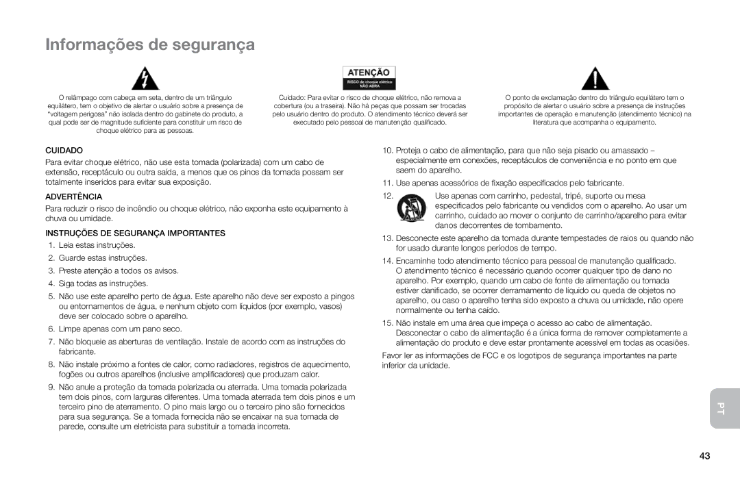 Altec Lansing MP450 manual Informações de segurança, Cuidado, Advertência, Instruções DE Segurança Importantes 